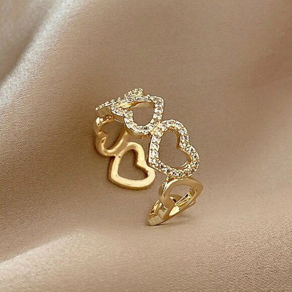 3/$35 Dainty Gold Hearts Shape Open Ring Cubic Zirconia CZ Diamond Jewelry - Picture 1 of 7